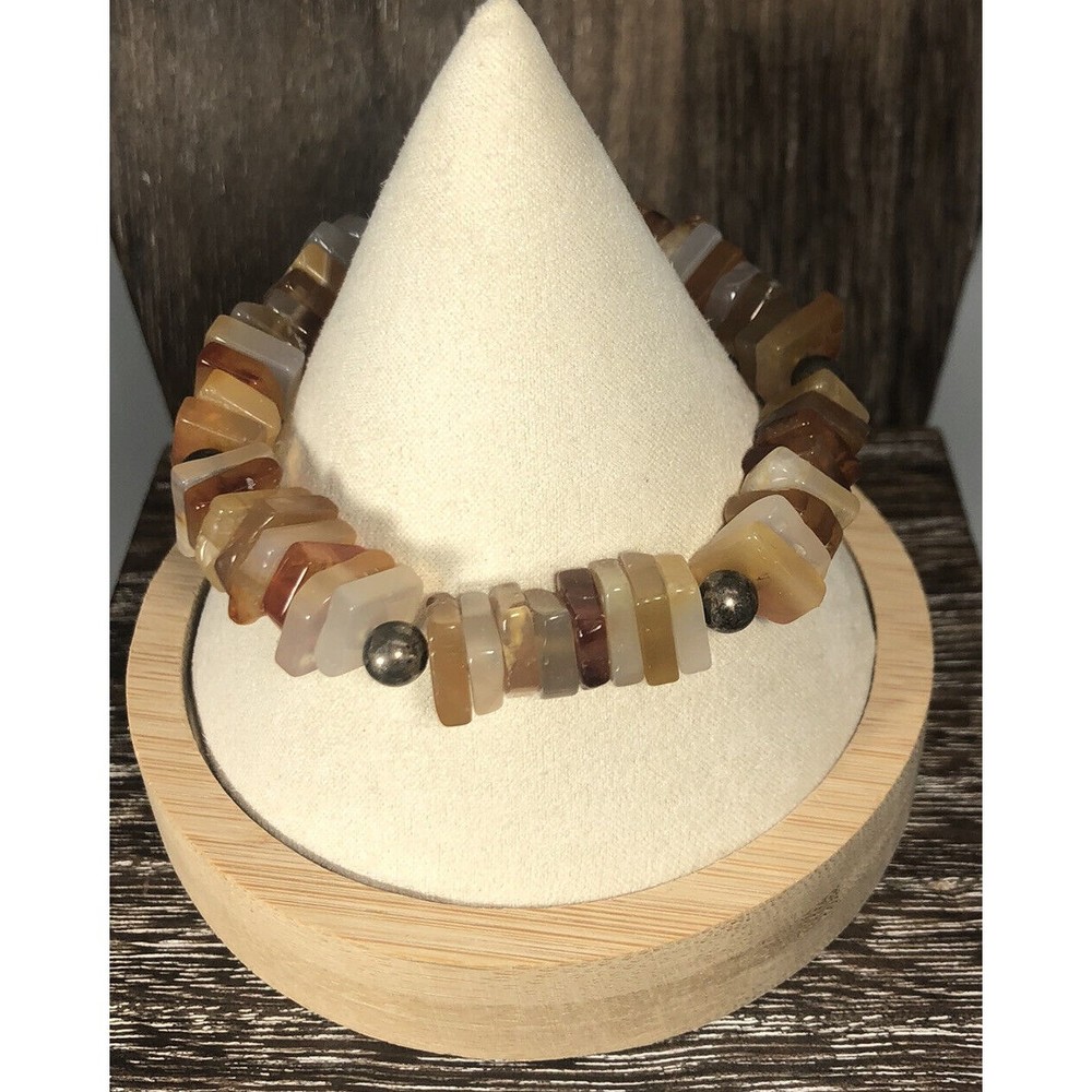 Vintage Carnelian, Agate and Quartz Sterling Silver 925 Beaded Bracelet, 6.5”